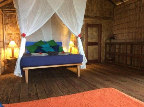 um quarto com uma cama de dossel azul em Tanna fireworks homestay em Loméméti