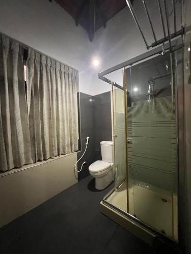 キャンディにあるSky rise mount hotelのトイレとガラスのシャワー付きのバスルーム