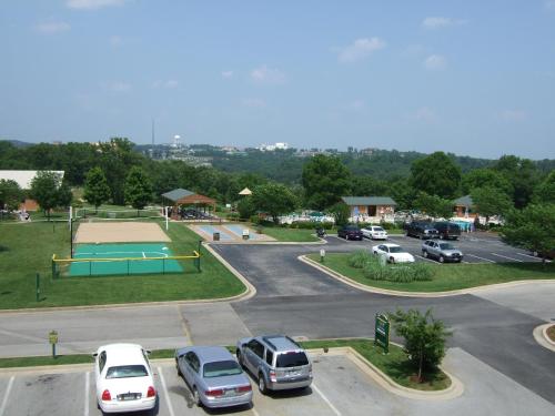 an aerial view of a parking lot with a tennis court at Westgate Branson Woods Resort in Branson
