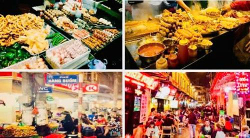 a group of four pictures of a market with food at Ren Apartments in Ho Chi Minh City