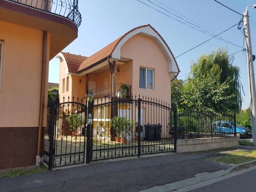 ein Haus mit einem schwarzen Tor davor in der Unterkunft Pensiunea Phoenix in Oradea