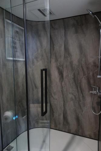 プレスタティンにあるGalactic getaways PLUTOの浴室のガラス扉付きシャワー