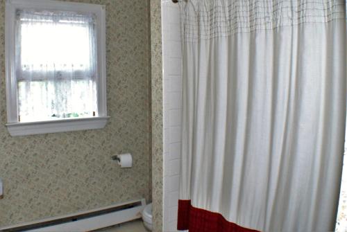a bathroom with a shower curtain and a window at The White Birch Inn in Berwick