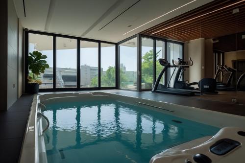 a large swimming pool in a room with windows at SkyHigh Park View Residence in Nicosia