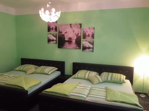 two beds in a room with green walls at Penzion Netolice in Netolice