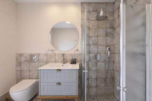 a bathroom with a toilet and a sink and a shower at Dar Dalya in Dāliyat el Karmil