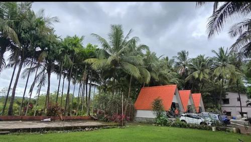 una casa con palmeras y un coche aparcado al lado en Rustic Palms, en Thāl