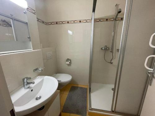 Un baño con ducha, lavabo e inodoro. en Appartement calme à Lausanne, en Lausana