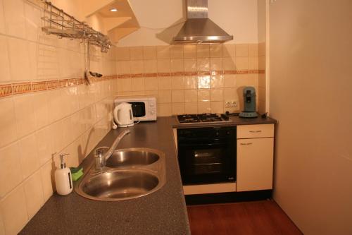 a small kitchen with a sink and a stove at Appartement Torenzicht - Leeuwarden in Marssum