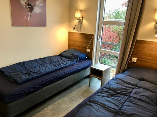 a bedroom with two beds and a window at Marina Strandbad Chalet Waterlijn Haus Nr 91 in Olburgen