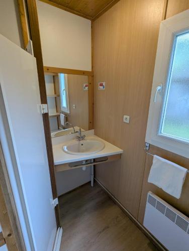 a bathroom with a sink and a mirror at VVF Sud Aveyron in Brusque