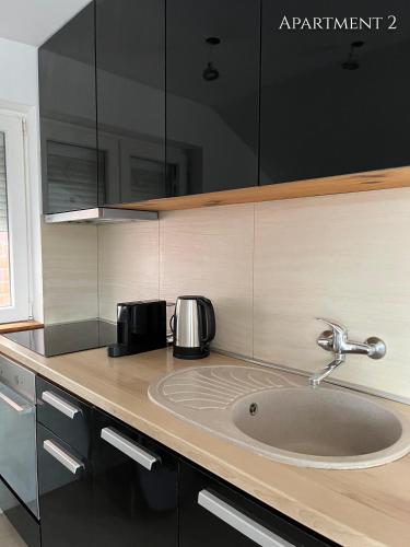 a kitchen counter with a sink with two toasters at 5 min to Airport Gate 25 - Free Parking -Easy Check-in in Ledine