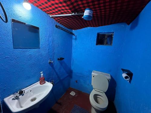 Un baño azul con inodoro y lavabo. en Kipepeo Camp, en Sekenani