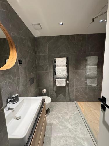 a bathroom with a sink and a bath tub at BW Lux Apartments in Sajmište