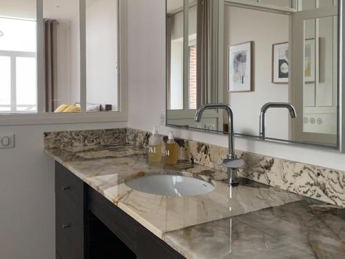 a bathroom with a sink and two mirrors at La Cour Tellier in Rilly-la-Montagne