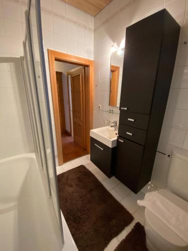 a bathroom with a sink and a toilet and a shower at Katharina's Sleepover - Budget Holiday Home in Kaprun