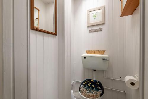 a white bathroom with a toilet and a mirror at Ampersand in Earlsferry