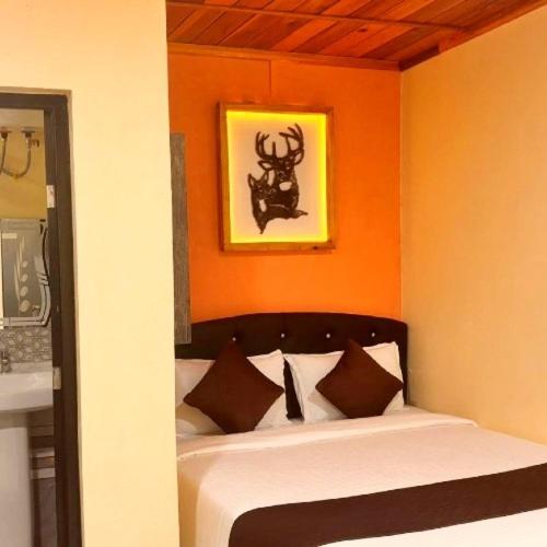 Pari's Homestay and Food Centre في Mawlynnong: غرفة نوم بسرير بحائط برتقالي