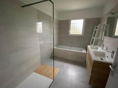 a bathroom with a shower and a tub and a sink at Le gîte des Acacias in Montech