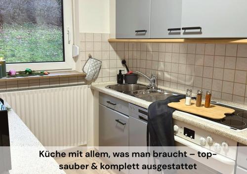 a kitchen with a sink and a counter top at Ferienwohnungen Schwarzhof -Hanfdell in Nohfelden