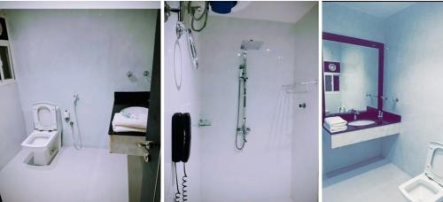 Zwei Bilder eines Badezimmers mit Dusche und Waschbecken in der Unterkunft Qasayed Hotel Salalah, فندق قصائد صلالة in Salalah