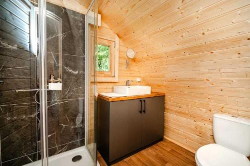 une salle de bain avec douche, lavabo et toilettes dans l'établissement Camping 3 étoiles - Piscine - ccafbbc, à Huelgoat