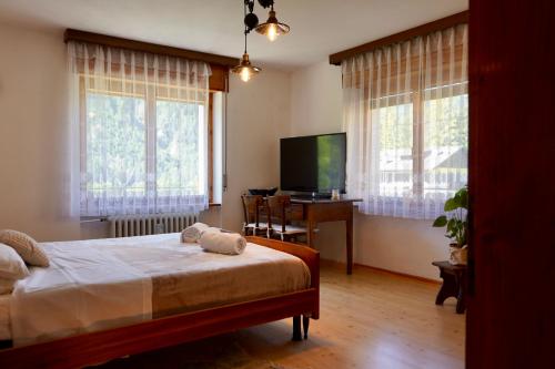 a bedroom with a bed and a flat screen tv at Casa vacanze Danoi Dolomiti in Canale dʼAgordo