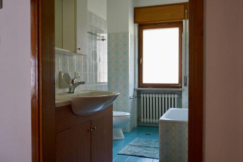 un bagno con lavandino e WC di Casa vacanze Danoi Dolomiti a Canale dʼAgordo