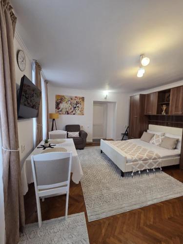 a bedroom with a bed and a couch and a table at Studio O&A in Cristian