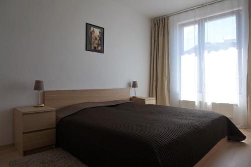 ein Schlafzimmer mit einem schwarzen Bett und einem Fenster in der Unterkunft Leongargt Apartments in Prag