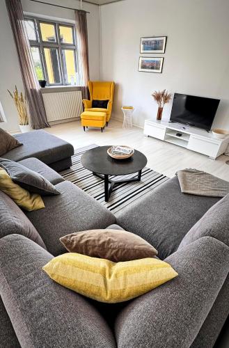 a living room with a couch and a tv at Modern vacation Home - Close to sea and nature. in Hejls