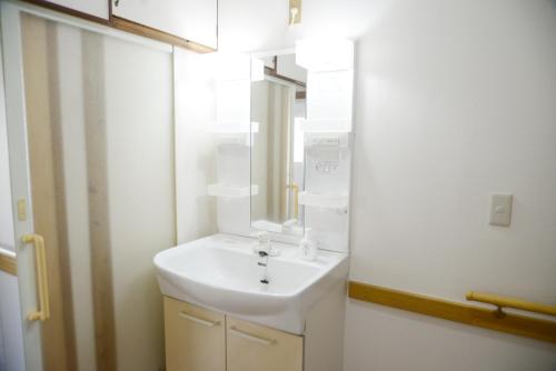 ein weißes Badezimmer mit Waschbecken und Spiegel in der Unterkunft 宇都宮ゲストハウス花ニ嵐 in Utsunomiya