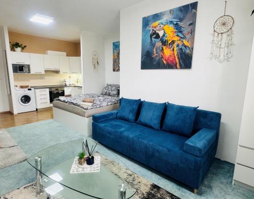 ein Wohnzimmer mit einer blauen Couch und einer Küche in der Unterkunft Studio u ZOO in Dvůr Králové nad Labem