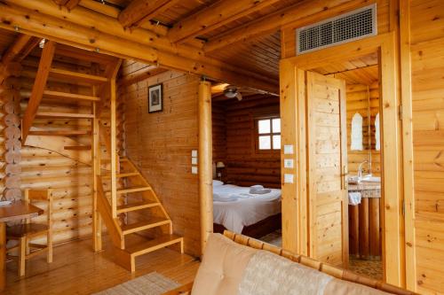a log cabin with a bed and a ladder at Hyades Mountain Resort in Kato Trikala Korinthias