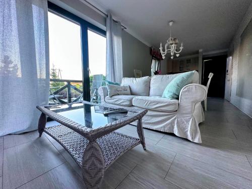 a living room with a couch and a glass table at Agroturystyka BM Horse in Tągowie