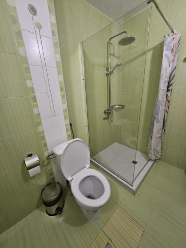 a bathroom with a toilet and a glass shower at Апартамент Радост in Bansko