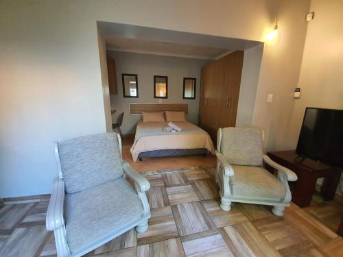 巴利托Guest house on Gillian UNIT 2的一间卧室，有一张床、两把椅子和一台电视