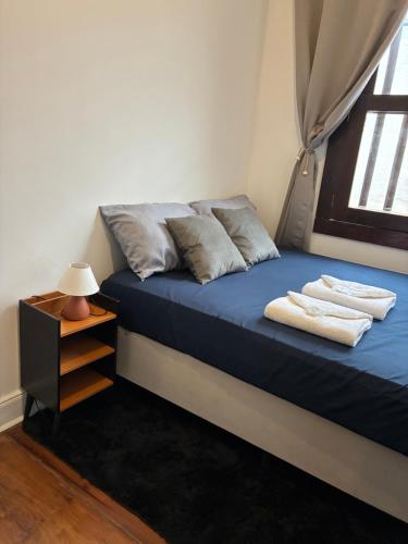 a bedroom with a bed with blue sheets and a window at Morumbi Mansão 278 in Sao Paulo
