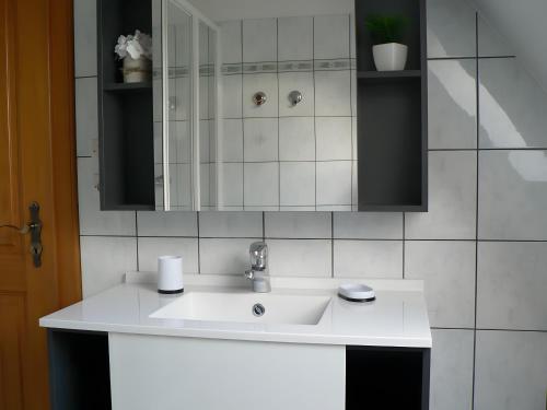 ein Badezimmer mit einem weißen Waschbecken und einem Spiegel in der Unterkunft Gîte les Iris in Scherwiller