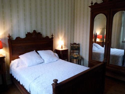 a bedroom with a bed and a large mirror at Gîte de Peyrusse in Meauzac