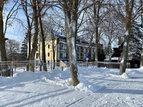 a snow covered street with trees and a fence at Monte Amnis Apartment in Štrbské Pleso