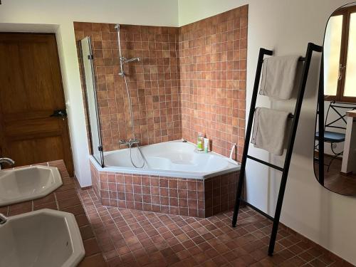 une salle de bain avec une baignoire, une douche et un lavabo dans l'établissement Domaine Cherps Spa - Zen, à Vielleségure