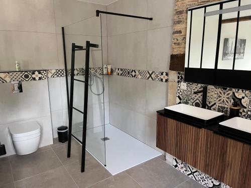 une salle de bain avec une douche en verre et des toilettes dans l'établissement Domaine Cherps Spa - Sérénité, à Vielleségure