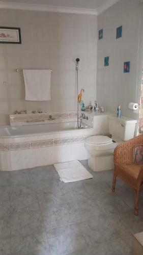 ein weißes Badezimmer mit Toilette und Badewanne in der Unterkunft EL Golfview in De Deur