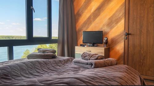 a bedroom with two beds and a tv and a window at Къща за гости Ненийски in Lom