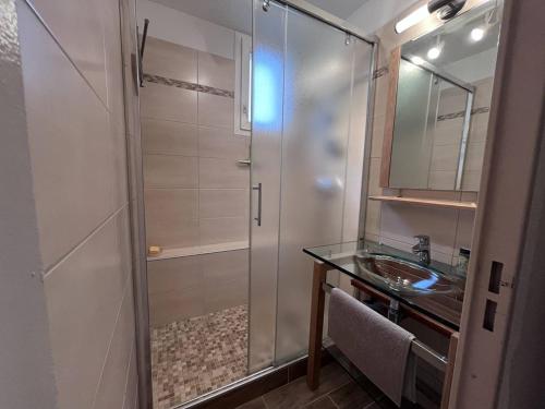 une salle de bain avec douche et lavabo dans l'établissement Appartement Central avec Parking à Cauterets - FR-1-812-1, à Cauterets