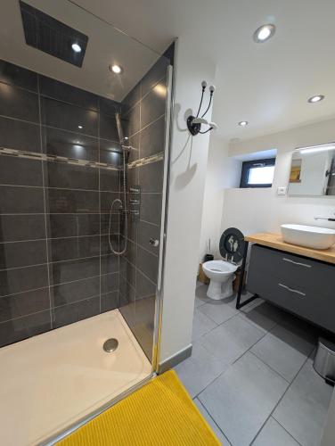 a bathroom with a shower with a sink and a toilet at Maisonnette cosy montagne in La Garde