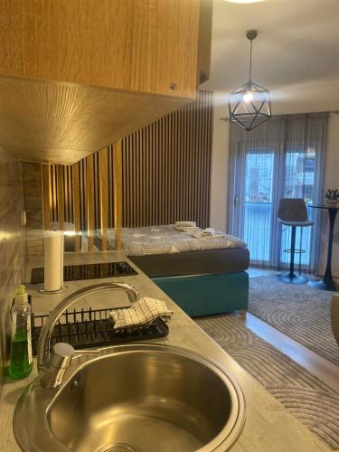 a kitchen with a sink and a bed in a room at Luma 2 in Osijek