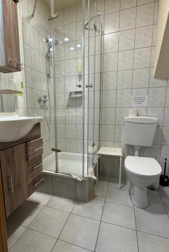 a bathroom with a shower and a toilet and a sink at Hotel-Restaurant Christine in Lübz