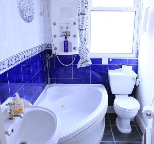 a blue tiled bathroom with a toilet and a sink at Twin Lions Hotel in Edinburgh